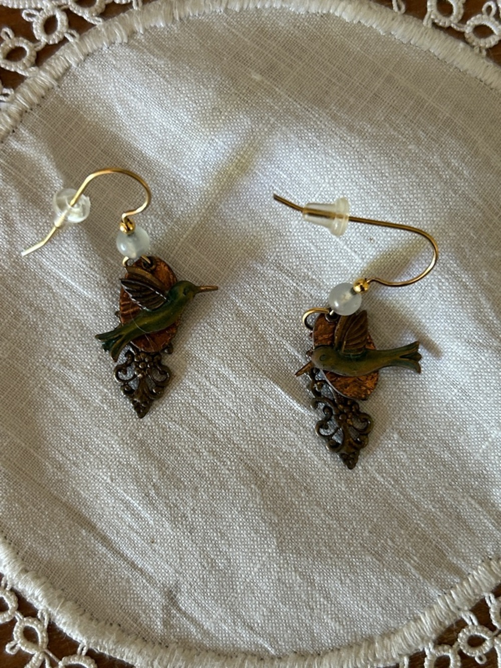 Silver Forest Green & Gold Hummingbird Drop Earrings